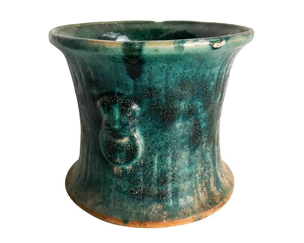 Turkoois/groen geglazuurde keramieke pot - Antieke woondecoratie